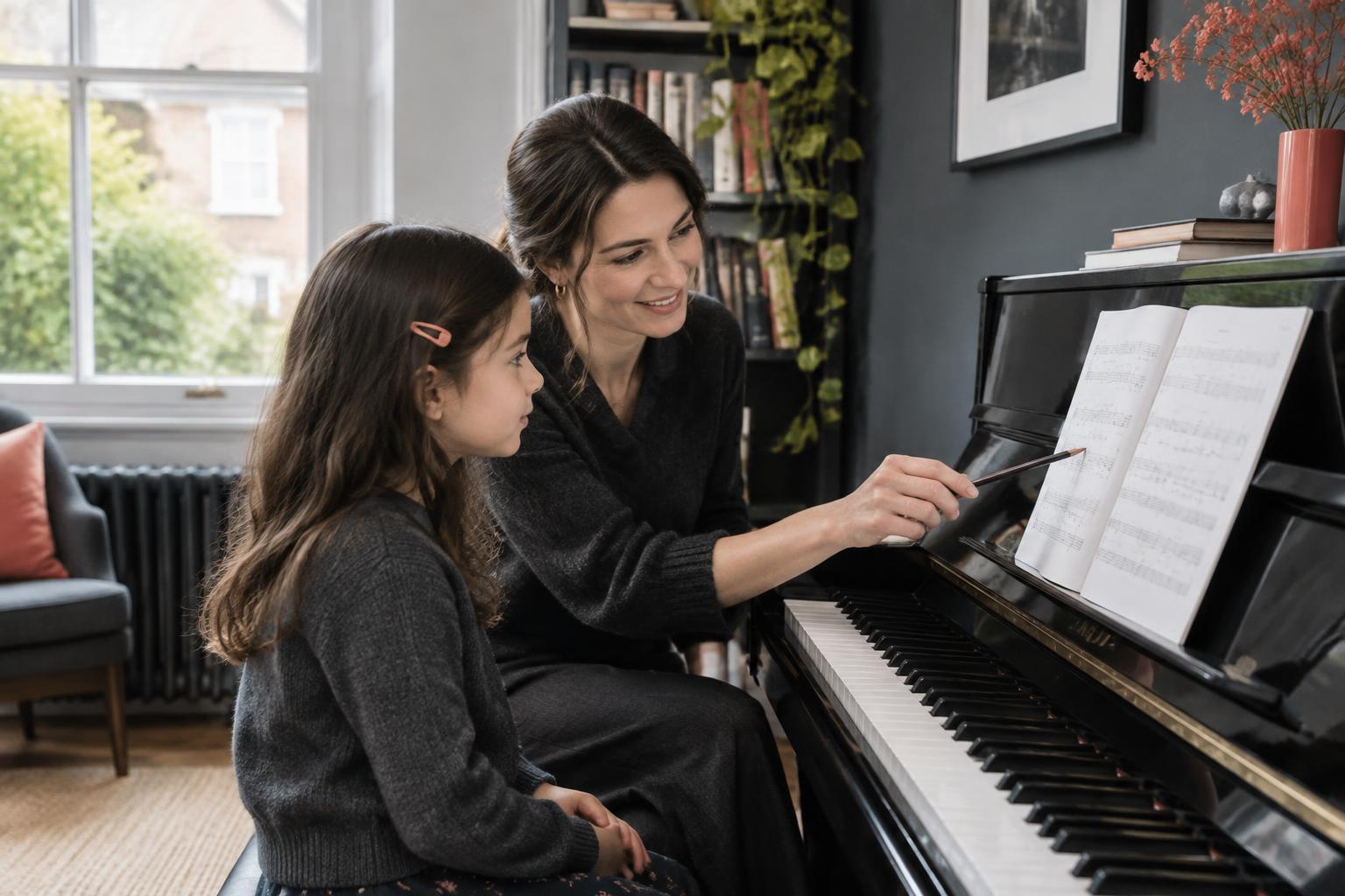 A piano teacher guiding a young learner through sheet music